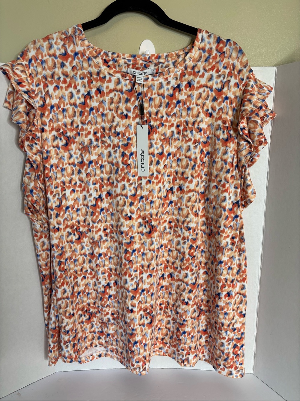 Sz 4 Chico's Orange and Blue Multi-Print Ruffle Sleeve Top